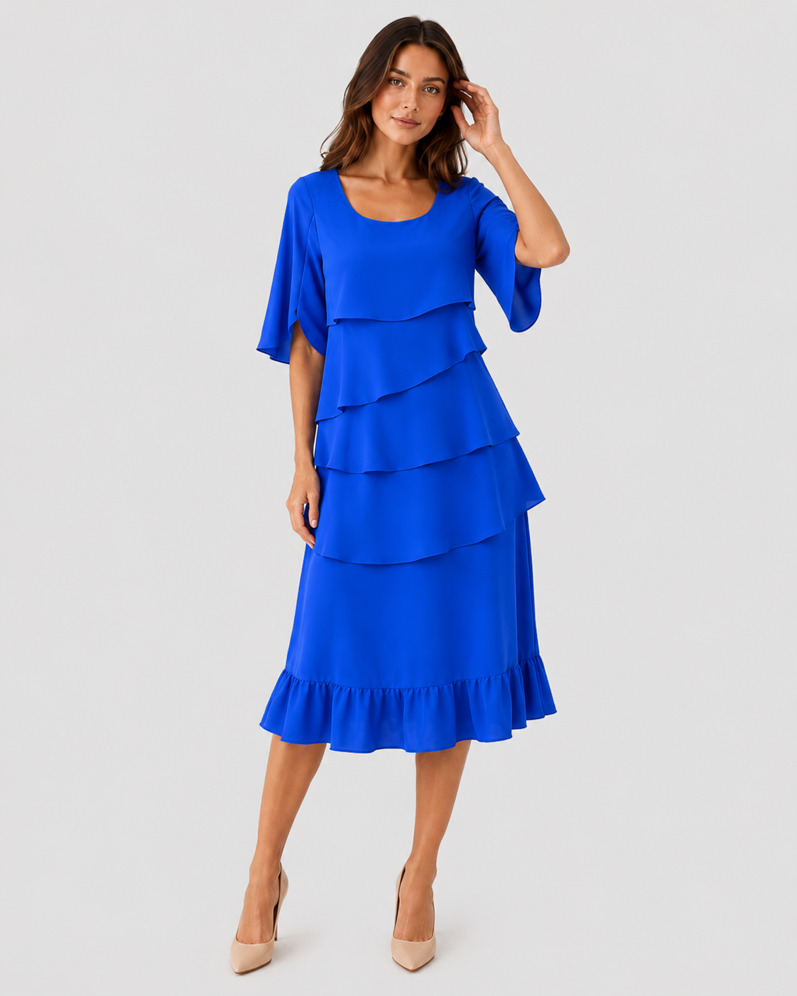 Women's ruffle casual midi dress featuring a flattering A-line silhouette, soft ruffle details, and lightweight cotton-blend fabric for comfortable everyday wear.