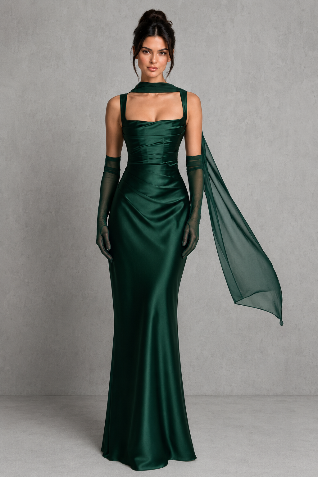 Women's satin maxi dress featuring a structured corset bodice, square neckline, asymmetric pleated detailing, adjustable shoulder straps, and a flowing full-length skirt with a lace-up back, designed for elegant evening events and formal occasions.
