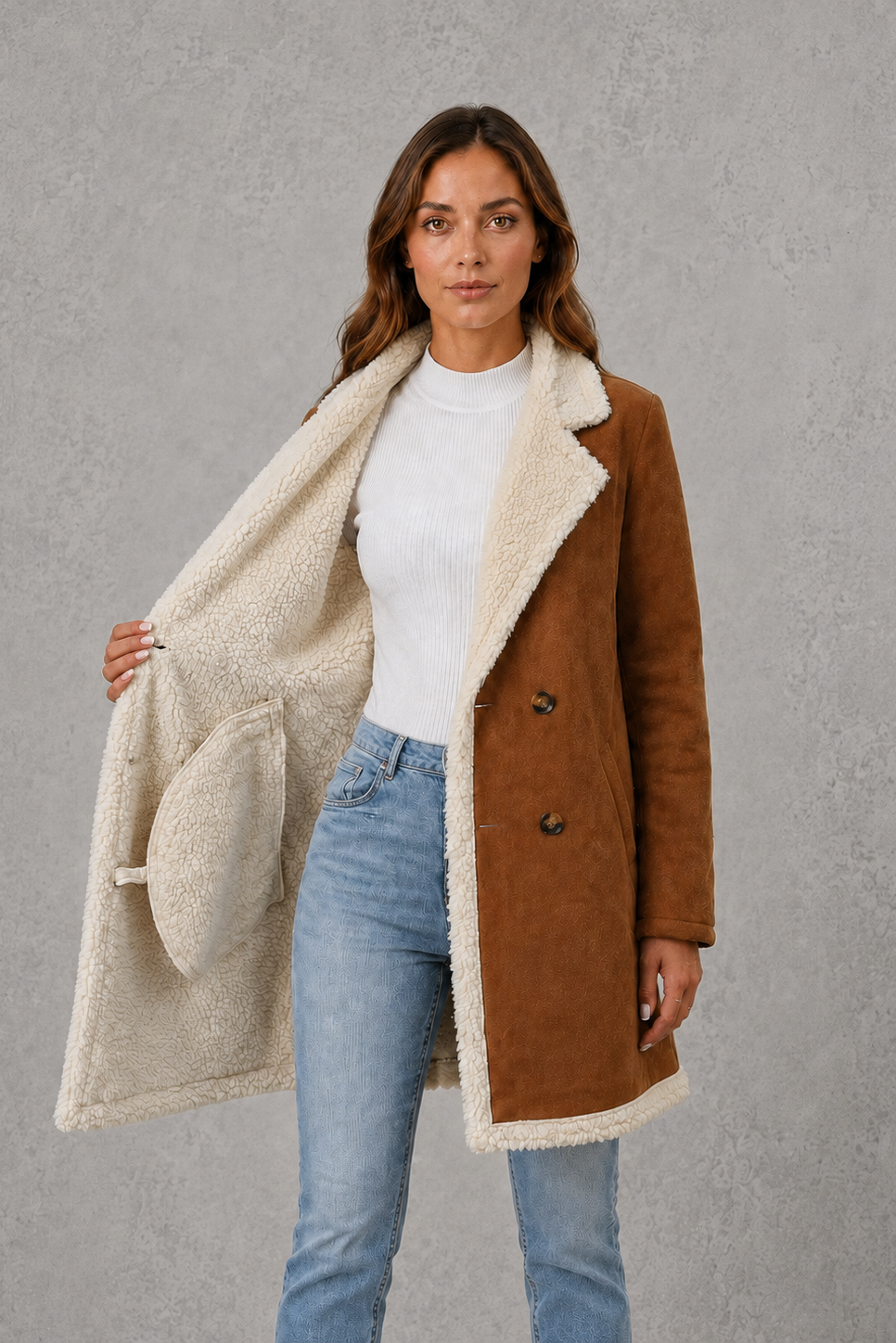 Women’s shearling-lined suede-look coat with a soft textured exterior, plush lining, double-breasted front, and structured tailored silhouette.