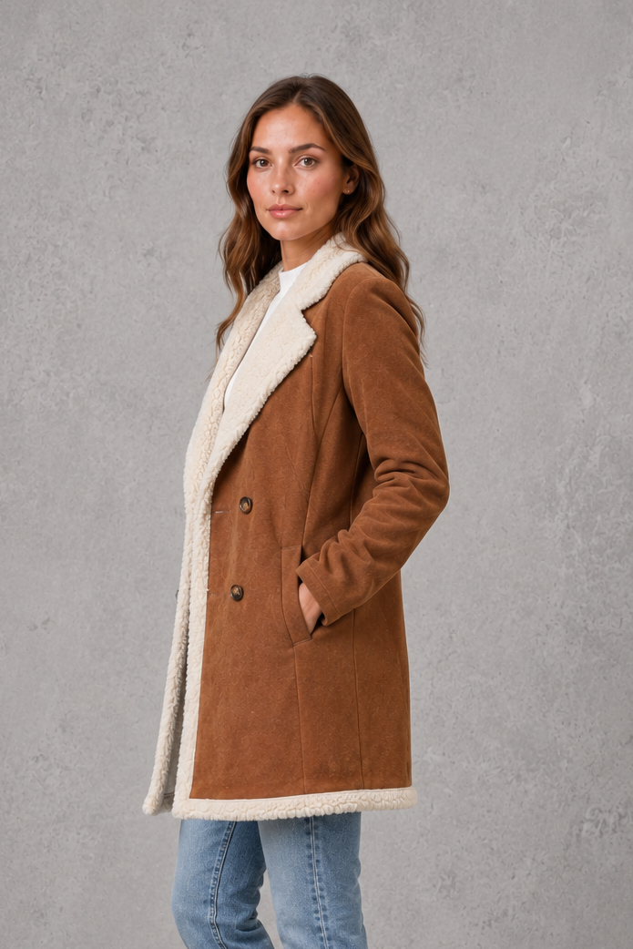 Women’s shearling-lined suede-look coat with a soft textured exterior, plush lining, double-breasted front, and structured tailored silhouette.