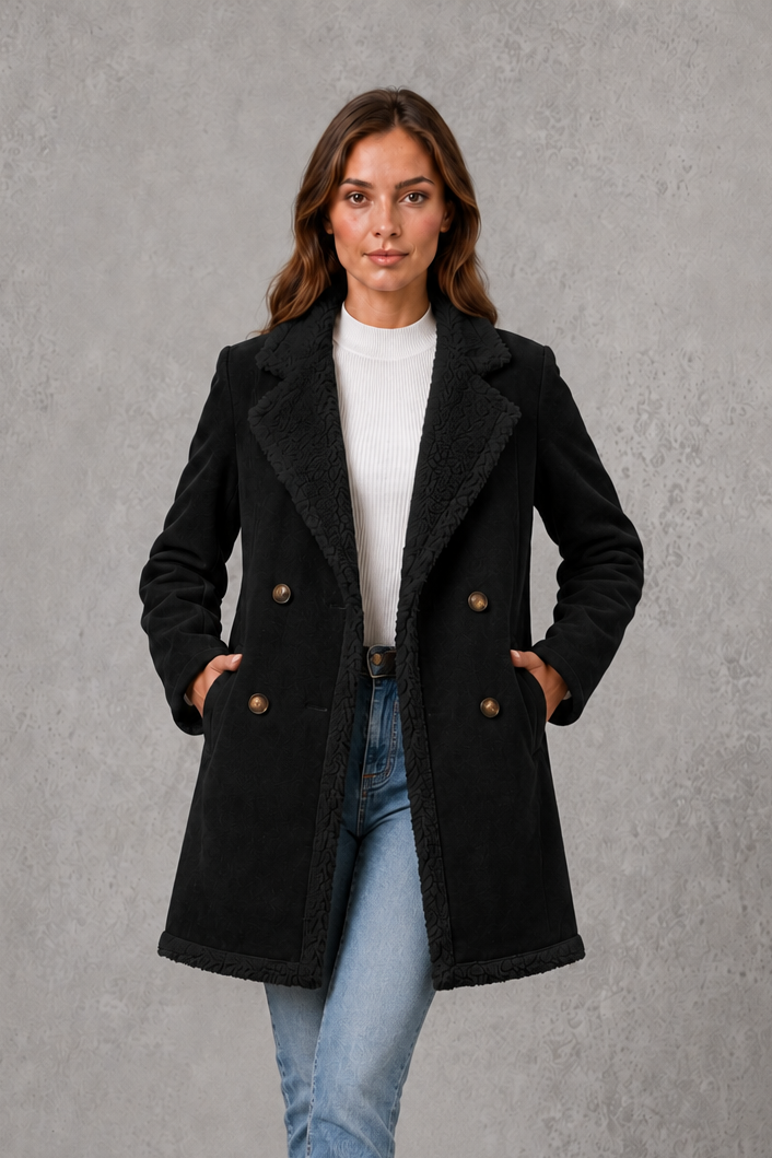 Women’s shearling-lined suede-look coat with a soft textured exterior, plush lining, double-breasted front, and structured tailored silhouette.