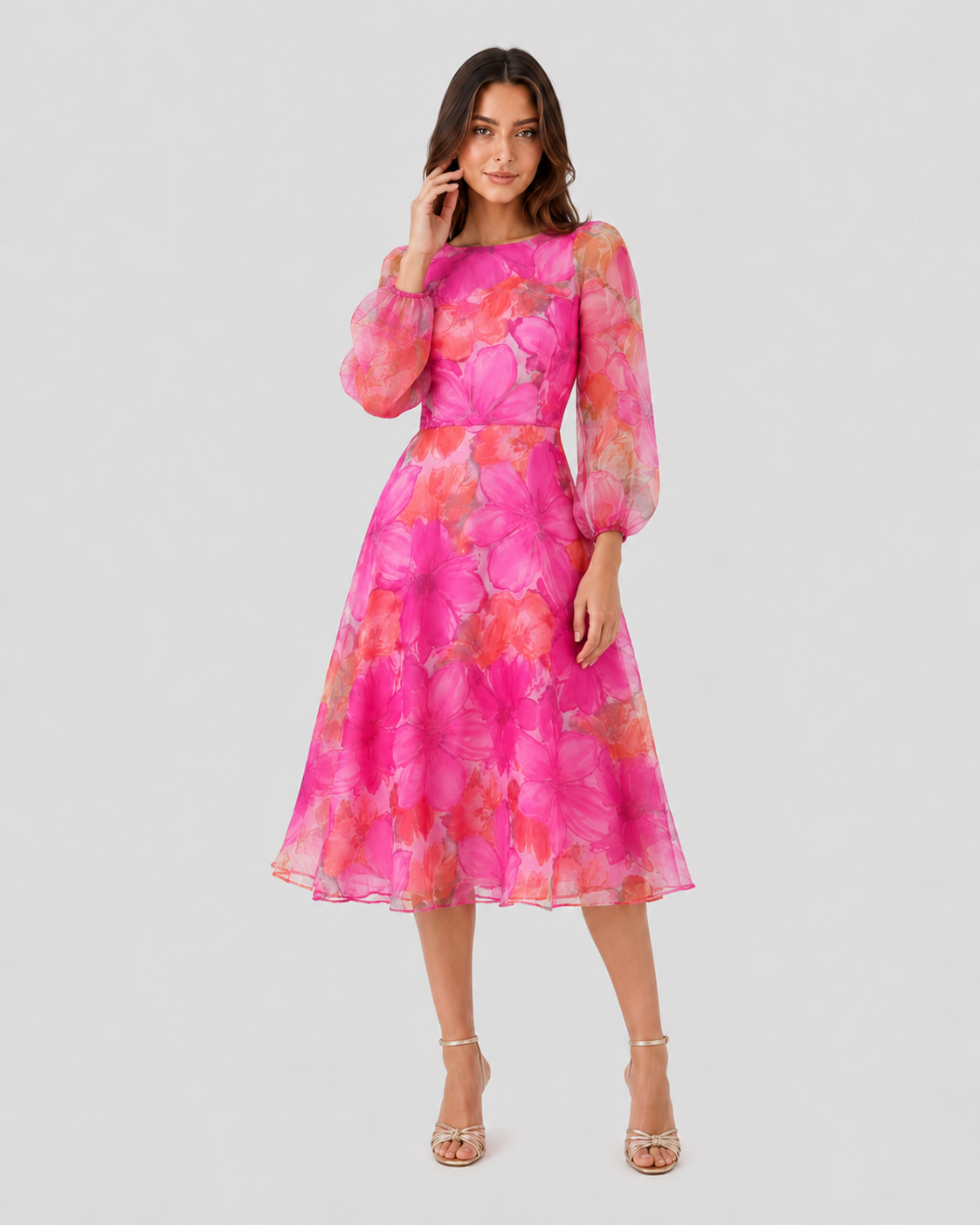 Womenโs sheer floral midi dress with an all-over floral print, round neckline, sheer puff sleeves, and a softly flared midi-length skirt. Features a lightweight semi-sheer layered fabric with lining for coverage and an elegant, feminine silhouette.