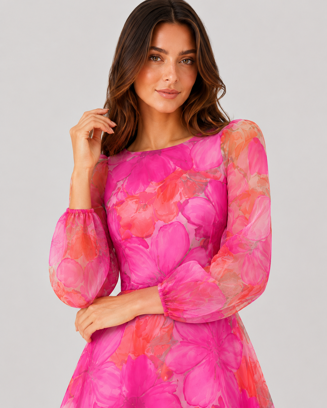 Womenโs sheer floral midi dress with an all-over floral print, round neckline, sheer puff sleeves, and a softly flared midi-length skirt. Features a lightweight semi-sheer layered fabric with lining for coverage and an elegant, feminine silhouette.