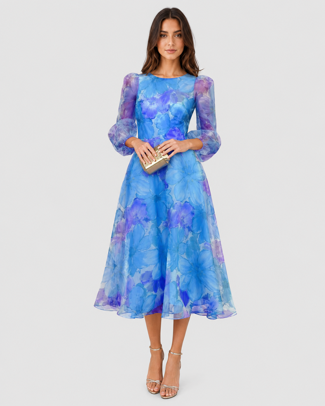 Womenโs sheer floral midi dress with an all-over floral print, round neckline, sheer puff sleeves, and a softly flared midi-length skirt. Features a lightweight semi-sheer layered fabric with lining for coverage and an elegant, feminine silhouette.