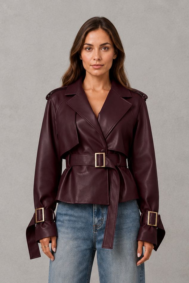 Women’s short cotton trench coat with a double-breasted button front, notched lapels, adjustable waist belt, and buttoned cuff details.