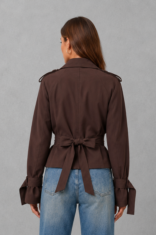 Women’s short cotton trench coat with a double-breasted button front, notched lapels, adjustable waist belt, and buttoned cuff details.