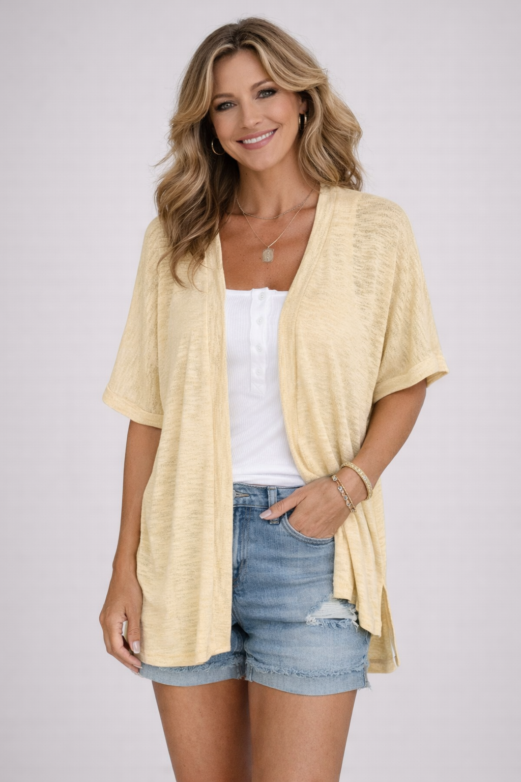 Woman wearing beige cardigan
