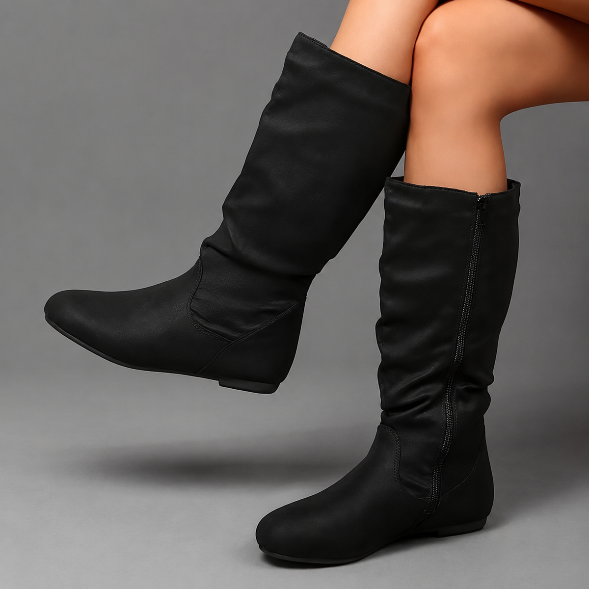 Women’s side-zip mid-calf boots with a soft fabric upper, round toe, low block heel, textile lining, and lightweight EVA sole.