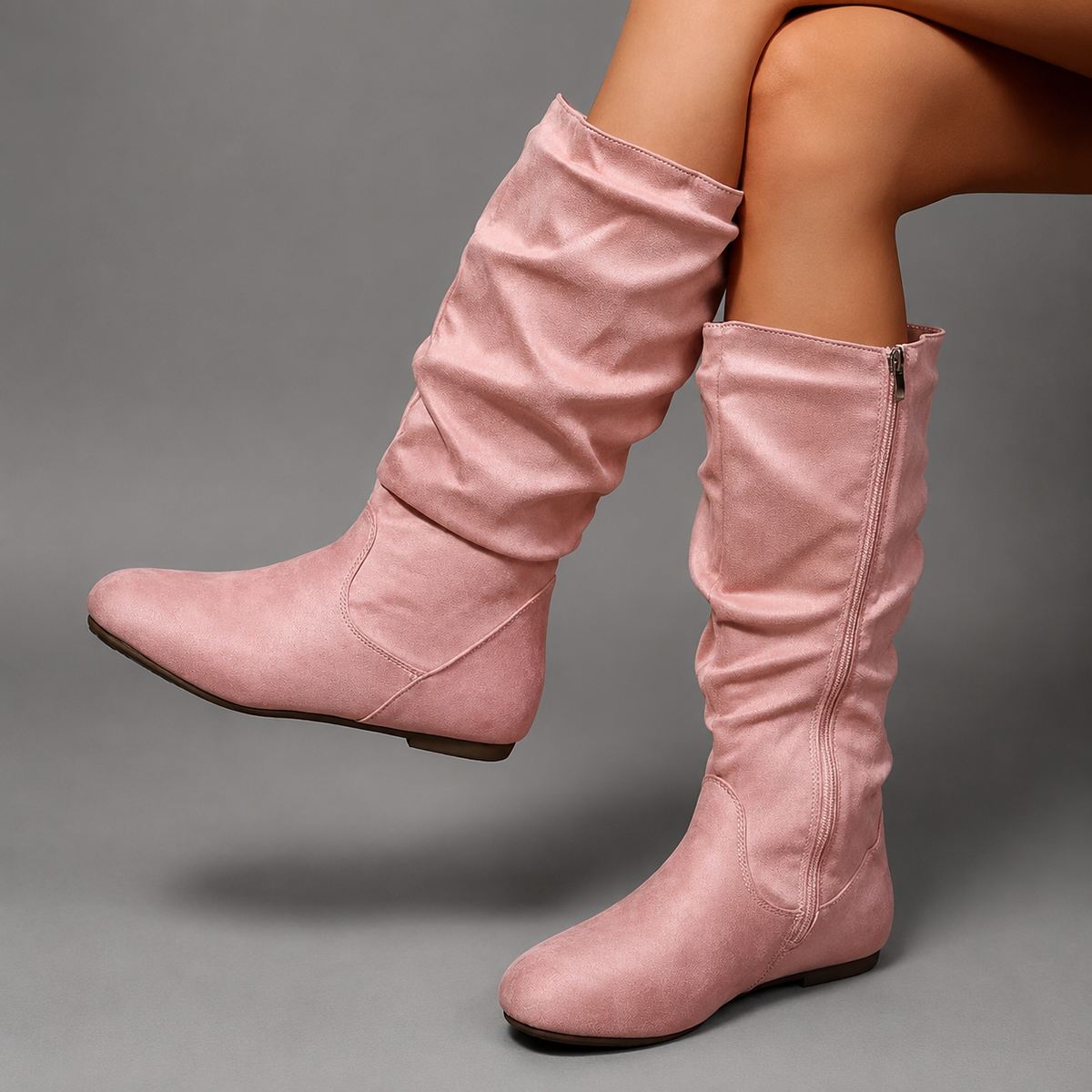 Women’s side-zip mid-calf boots with a soft fabric upper, round toe, low block heel, textile lining, and lightweight EVA sole.