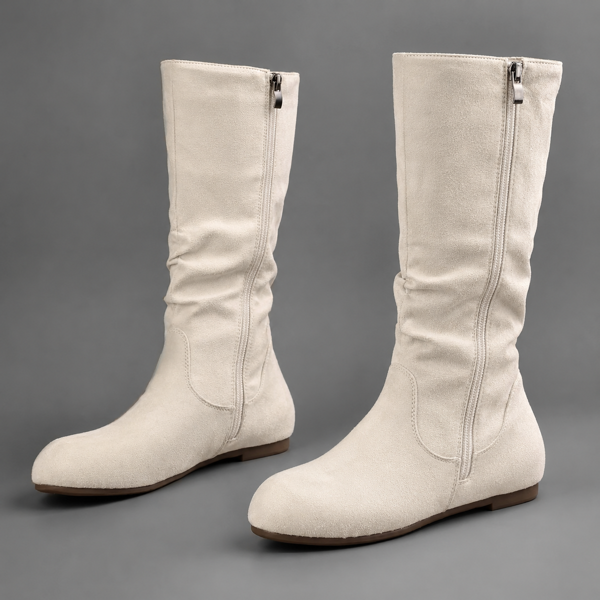 Women’s side-zip mid-calf boots with a soft fabric upper, round toe, low block heel, textile lining, and lightweight EVA sole.