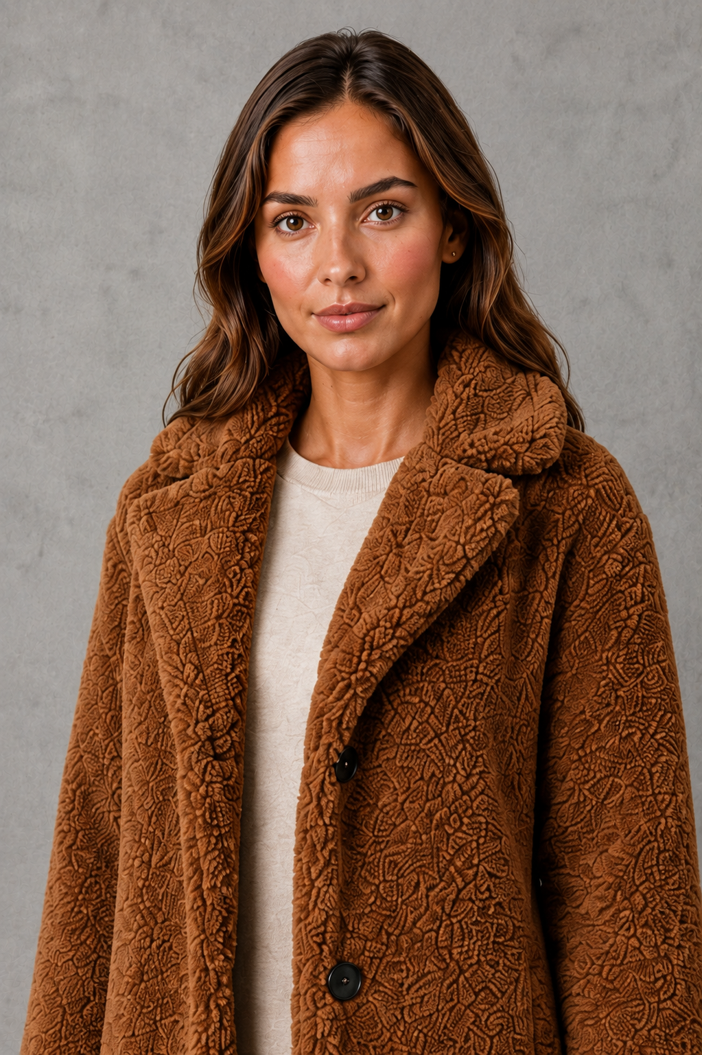 Women’s single-breasted teddy coat with soft plush texture, classic structured collar, streamlined silhouette, and flattering tailored fit.