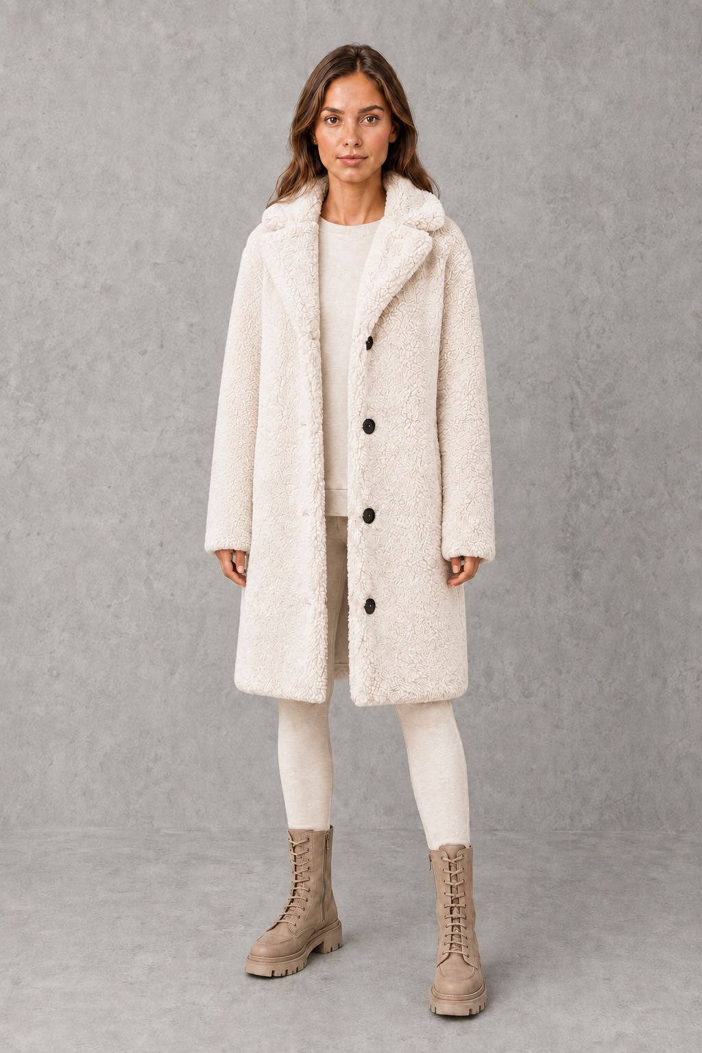 Women’s single-breasted teddy coat with soft plush texture, classic structured collar, streamlined silhouette, and flattering tailored fit.