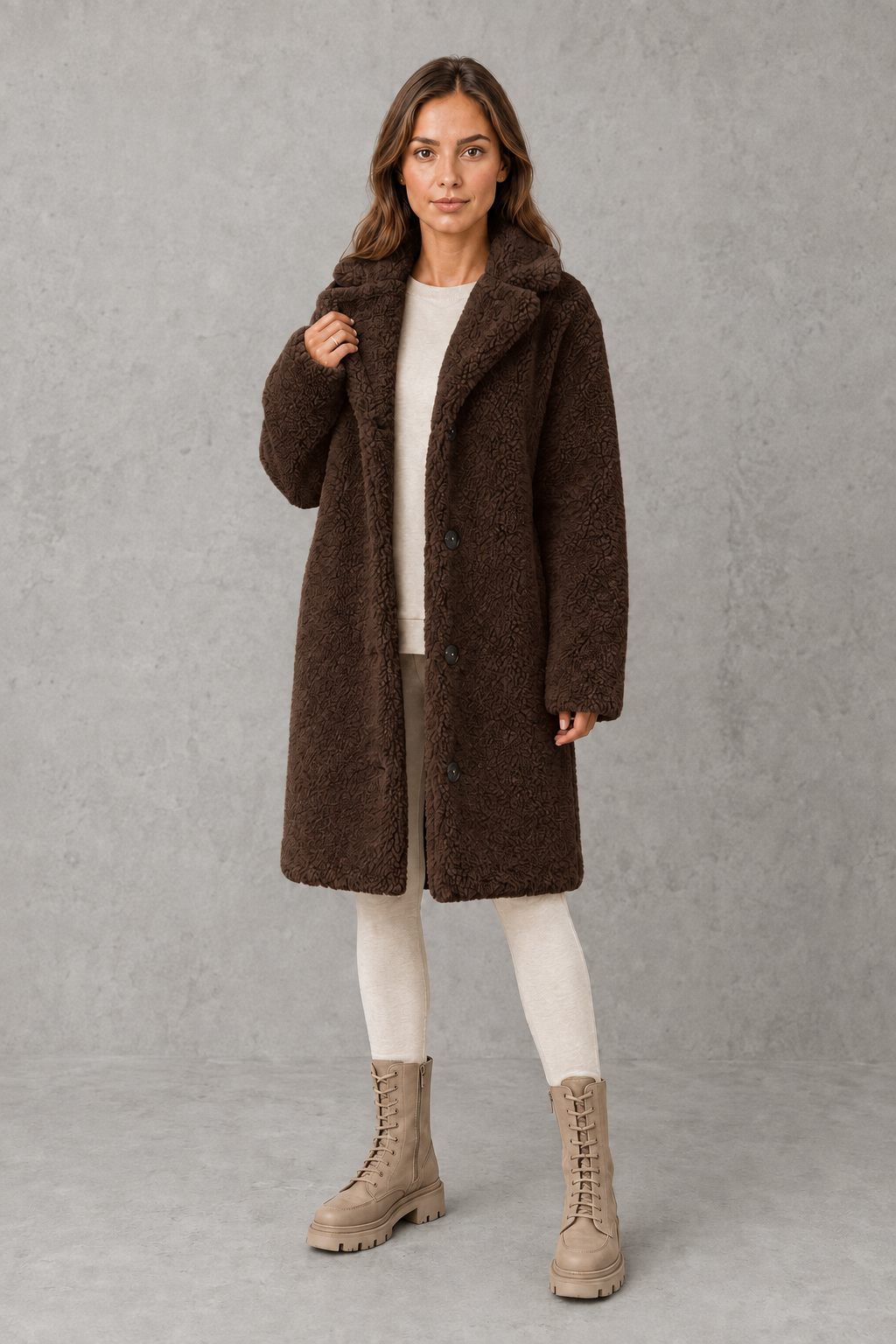 Women’s single-breasted teddy coat with soft plush texture, classic structured collar, streamlined silhouette, and flattering tailored fit.