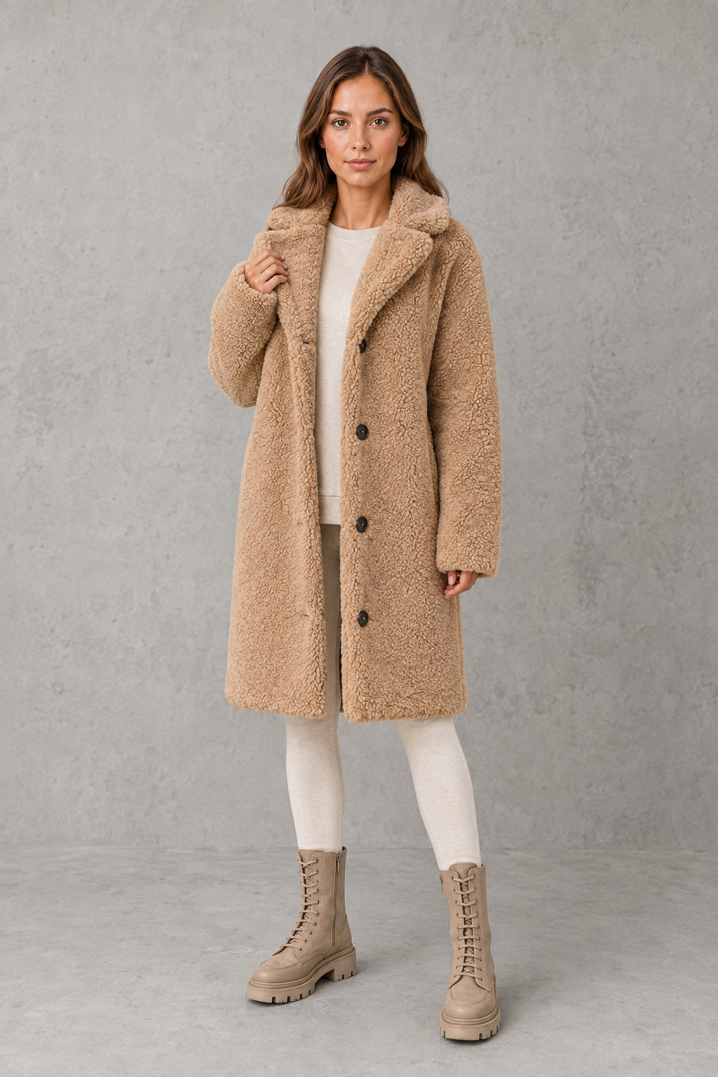 Women’s single-breasted teddy coat with soft plush texture, classic structured collar, streamlined silhouette, and flattering tailored fit.
