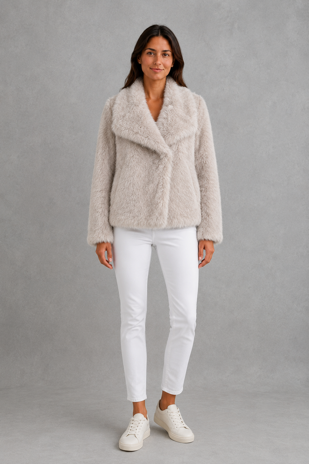 Women’s sleek faux fur jacket with a soft plush exterior, streamlined silhouette, comfortable lining, and elegant regular fit for cold-weather styling.
