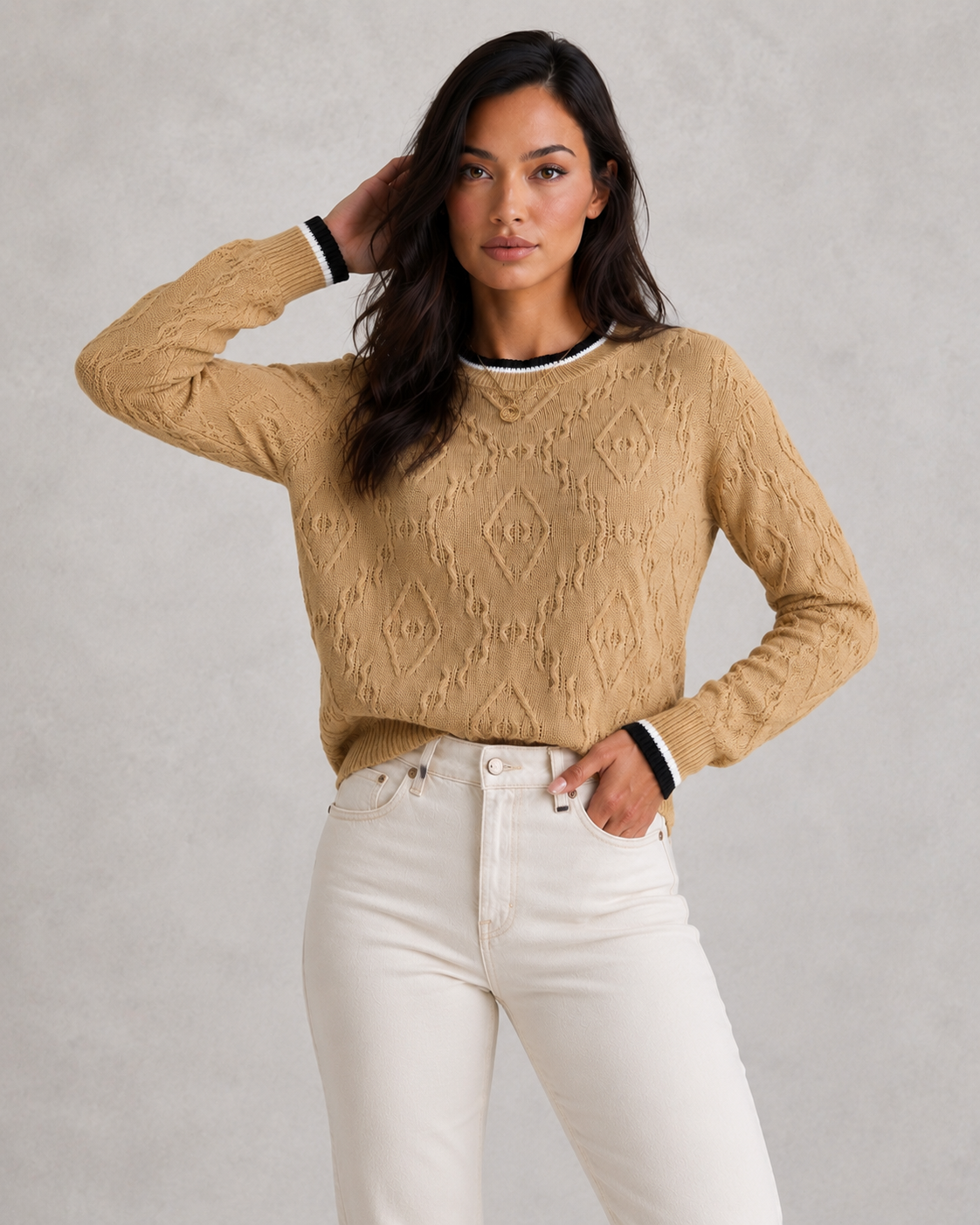 Women's soft knit striped jumper featuring contrast striped collar and cuff trim, relaxed fit, lightweight acrylic knit, elegant casual styling.