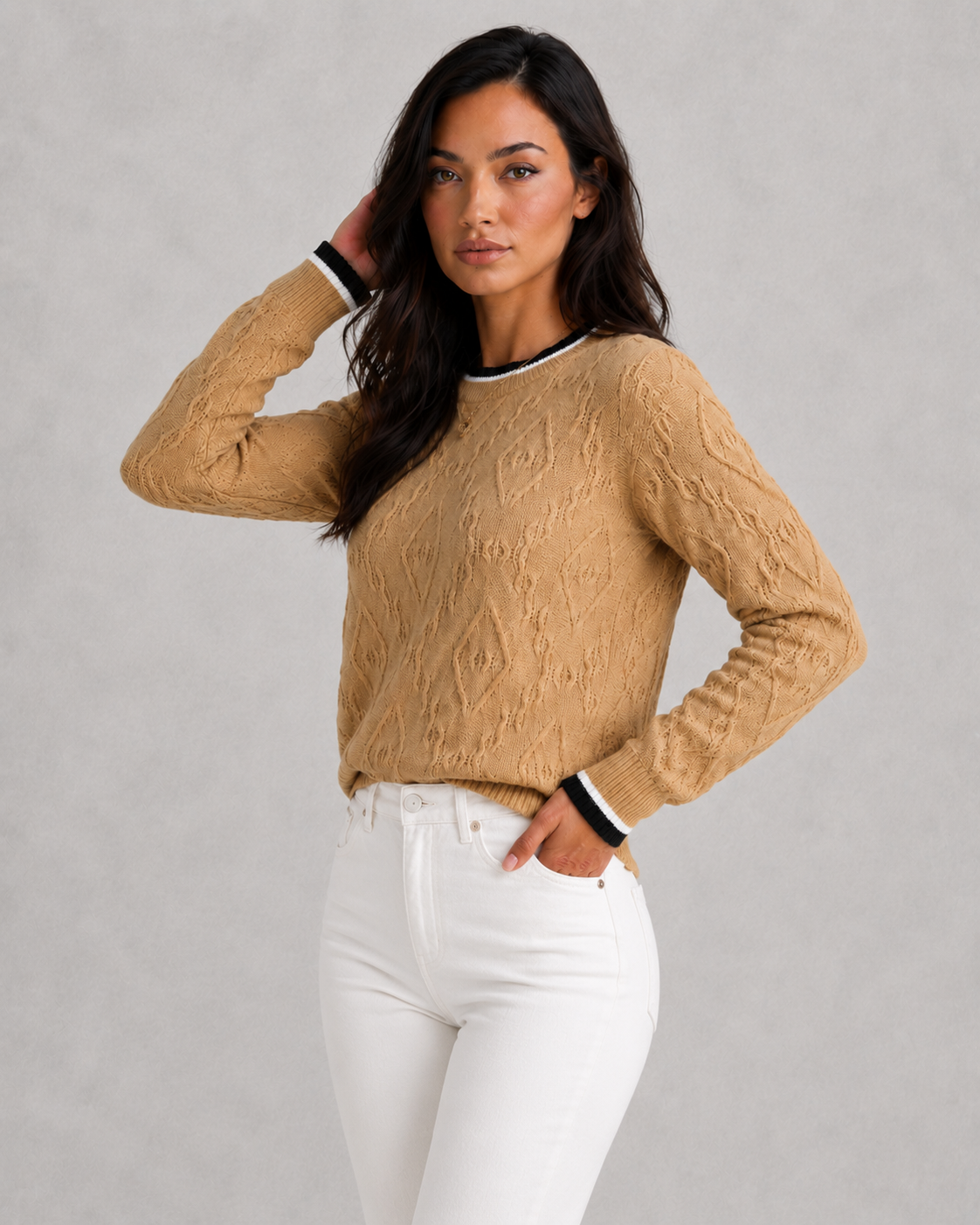 Women's soft knit striped jumper featuring contrast striped collar and cuff trim, relaxed fit, lightweight acrylic knit, elegant casual styling.