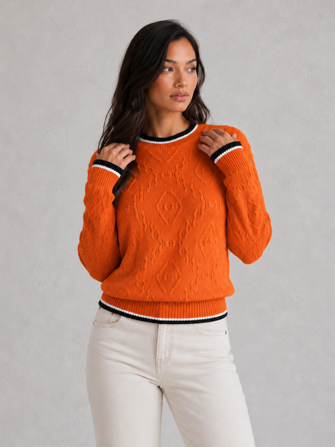 Women's soft knit striped jumper featuring contrast striped collar and cuff trim, relaxed fit, lightweight acrylic knit, elegant casual styling.