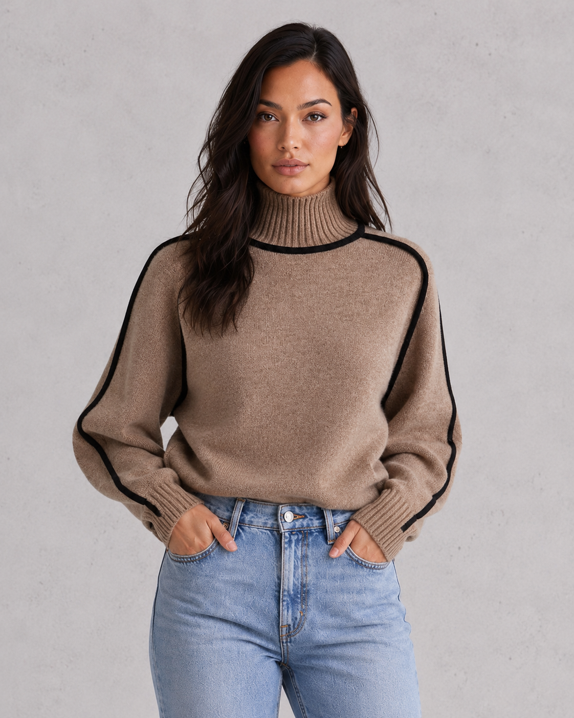 Woman wearing a soft merino wool turtleneck sweater with a relaxed fit and elegant winter styling.