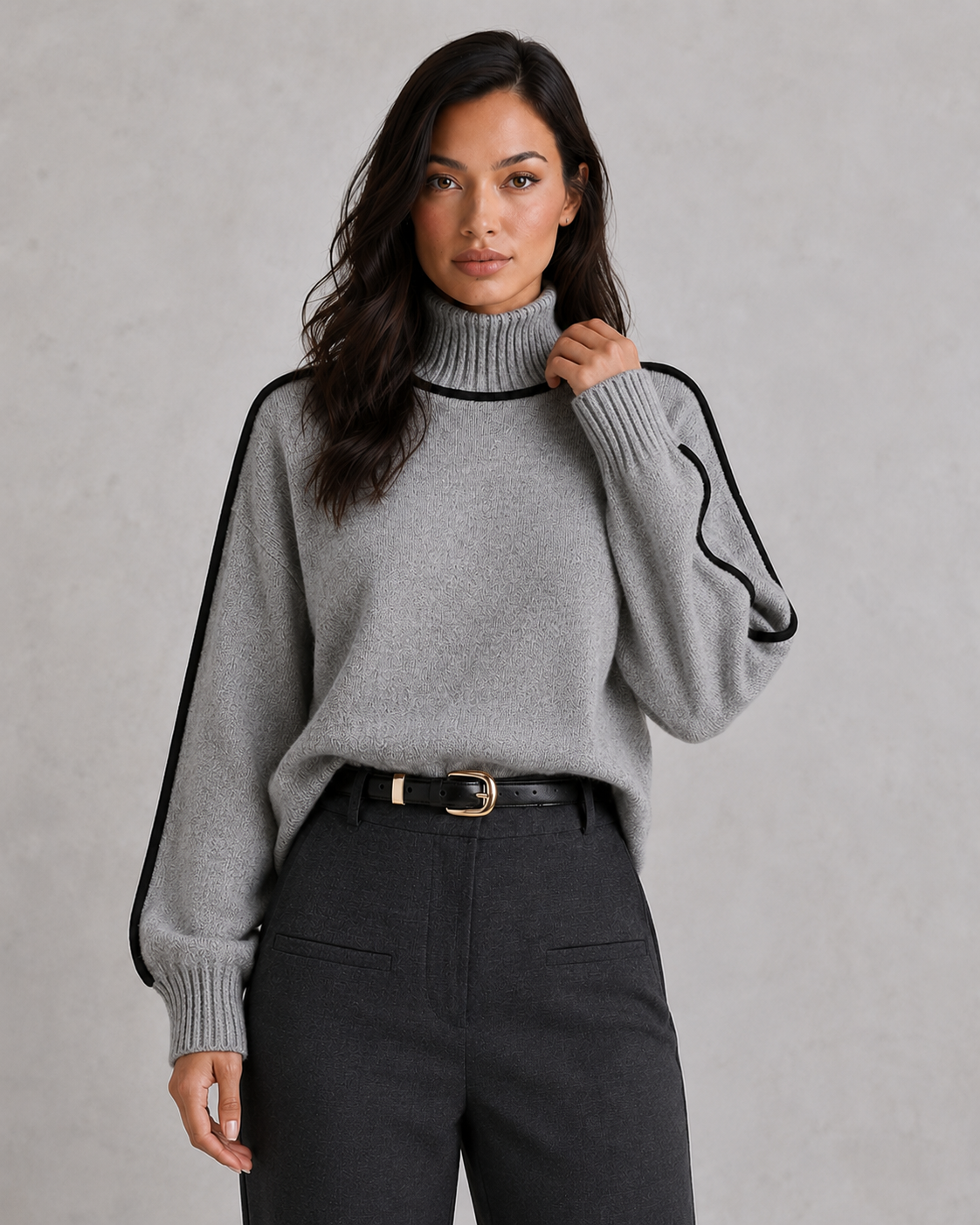 Woman wearing a soft merino wool turtleneck sweater with a relaxed fit and elegant winter styling.