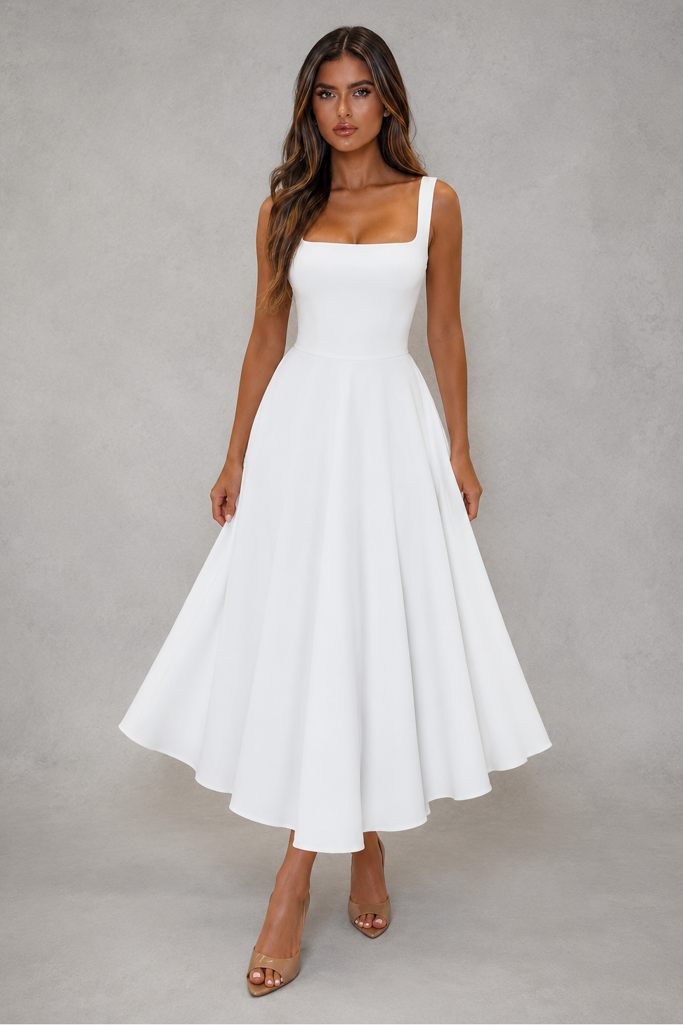 Women's square neck A-line midi dress with a tailored bodice, defined waist, and flowing skirt in a breathable polyester and cotton blend, perfect for work, office, formal events, and special occasions.
