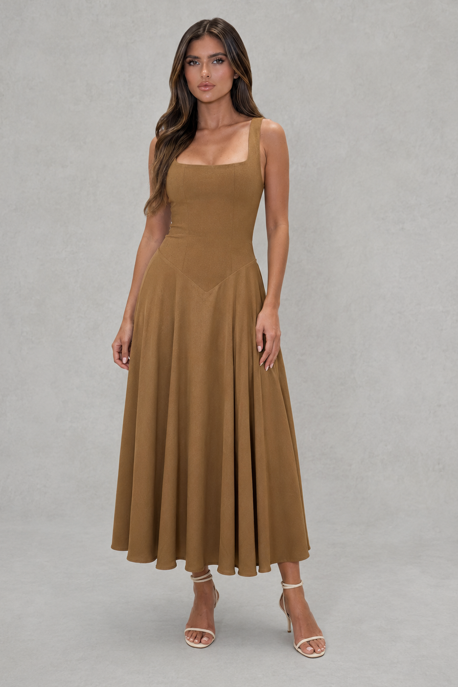 Women's square neck A-line midi dress with a tailored bodice, defined waist, and flowing skirt in a breathable polyester and cotton blend, perfect for work, office, formal events, and special occasions.