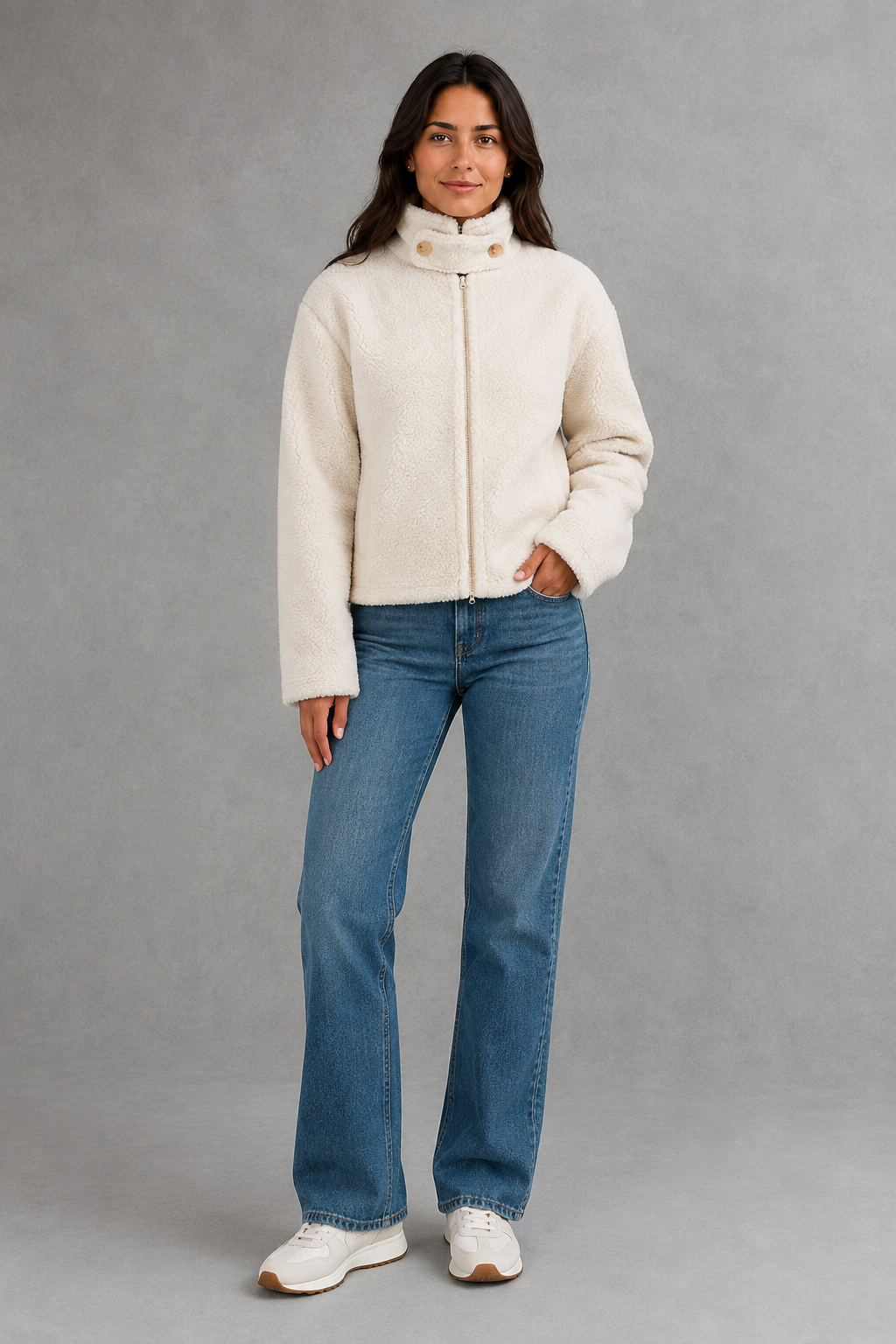 Women’s stand collar fleece jacket with a soft plush texture, full-length front zipper, long sleeves and a relaxed everyday fit.