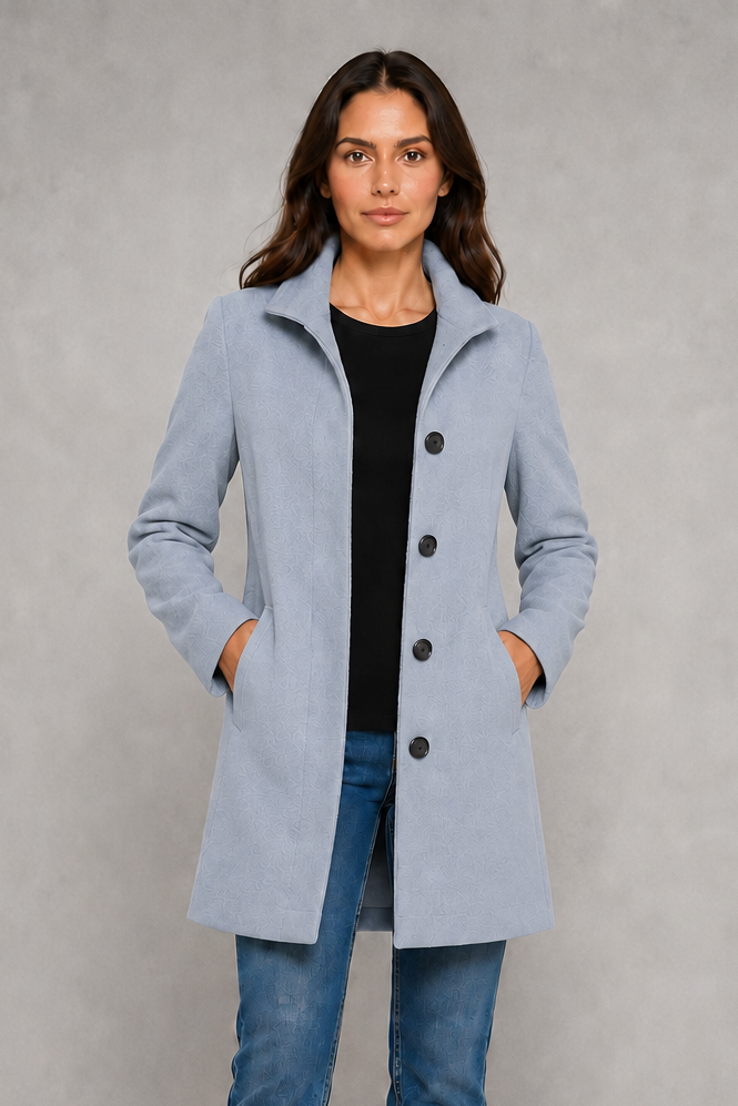 Women’s straight-fit button coat with a clean streamlined silhouette, soft-touch fabric, long sleeves, and lightweight construction for comfortable layering.
