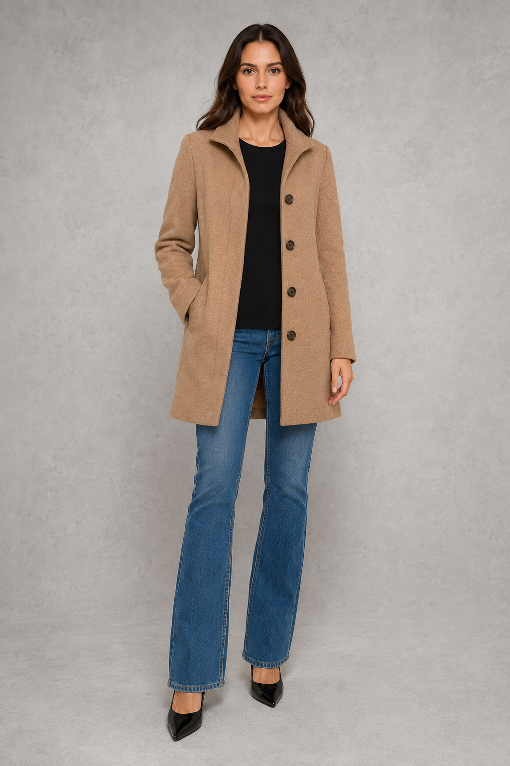 Women’s straight-fit button coat with a clean streamlined silhouette, soft-touch fabric, long sleeves, and lightweight construction for comfortable layering.