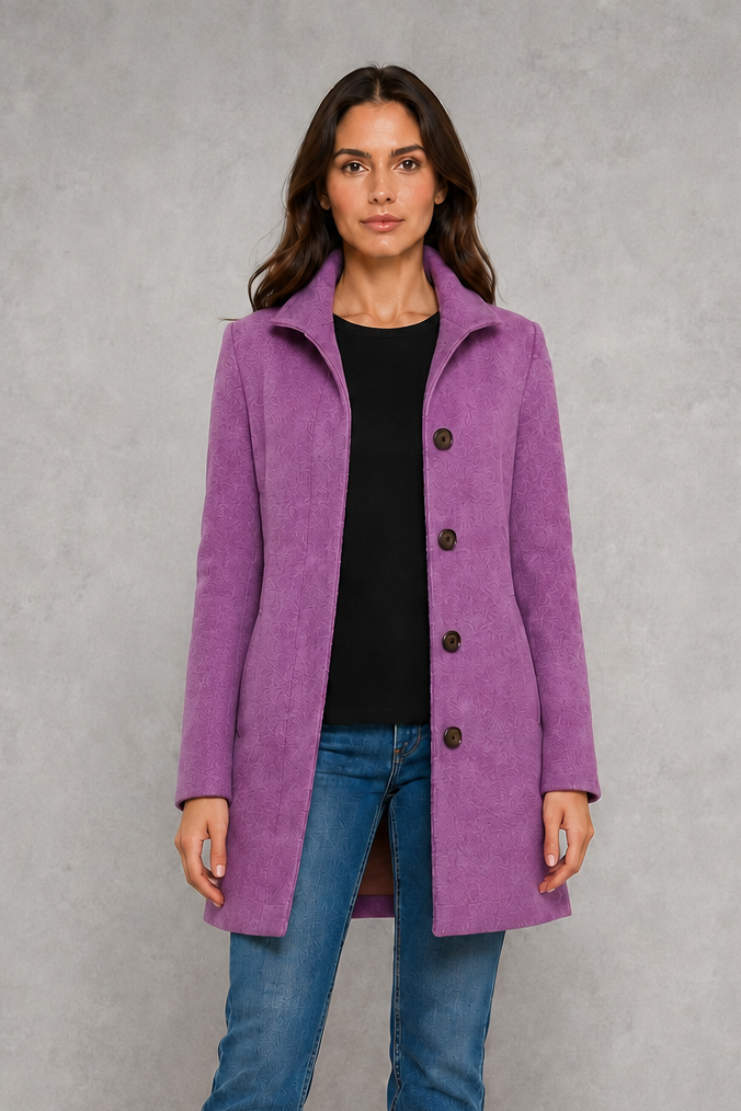 Women’s straight-fit button coat with a clean streamlined silhouette, soft-touch fabric, long sleeves, and lightweight construction for comfortable layering.