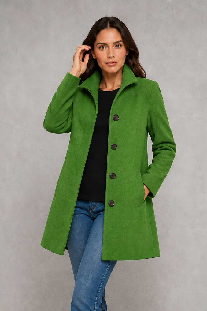Women’s straight-fit button coat with a clean streamlined silhouette, soft-touch fabric, long sleeves, and lightweight construction for comfortable layering.