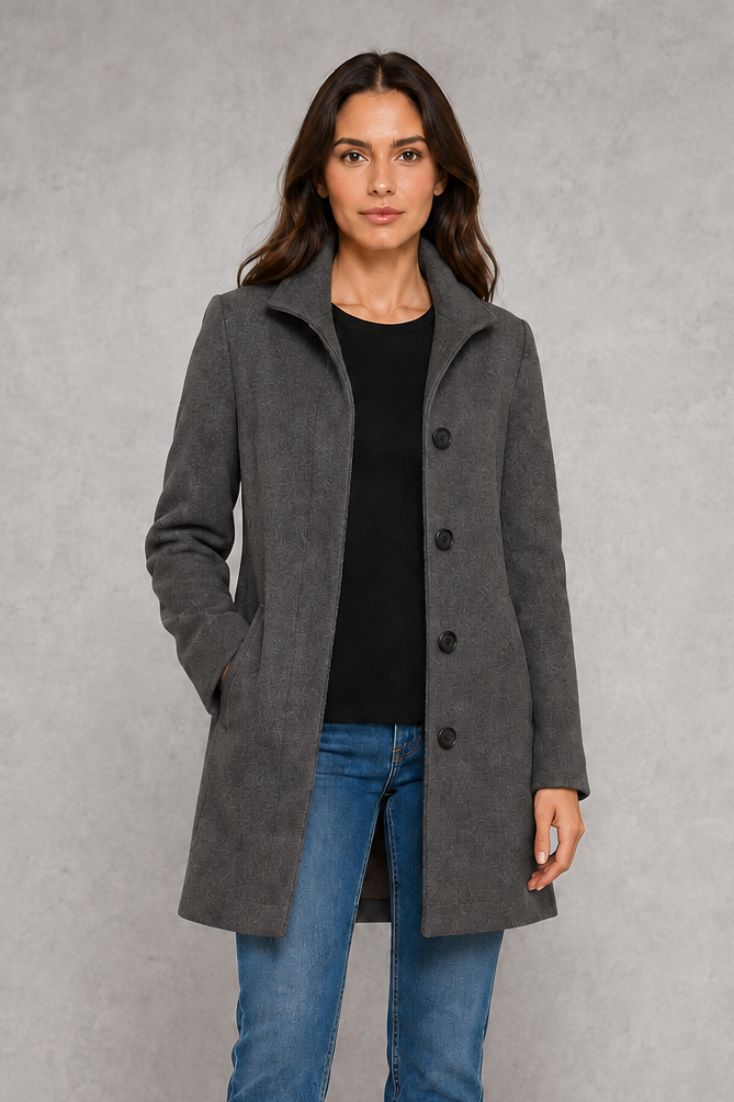 Women’s straight-fit button coat with a clean streamlined silhouette, soft-touch fabric, long sleeves, and lightweight construction for comfortable layering.