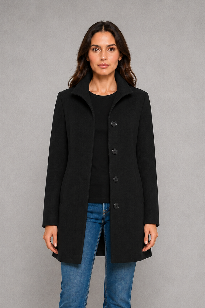 Women’s straight-fit button coat with a clean streamlined silhouette, soft-touch fabric, long sleeves, and lightweight construction for comfortable layering.