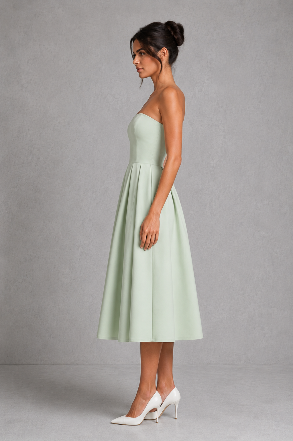 Women's strapless fit and flare midi dress in stretch bengaline fabric featuring a structured boned bodice, full pleated midi skirt, and elegant silhouette, ideal for parties, weddings, formal occasions, and special events.