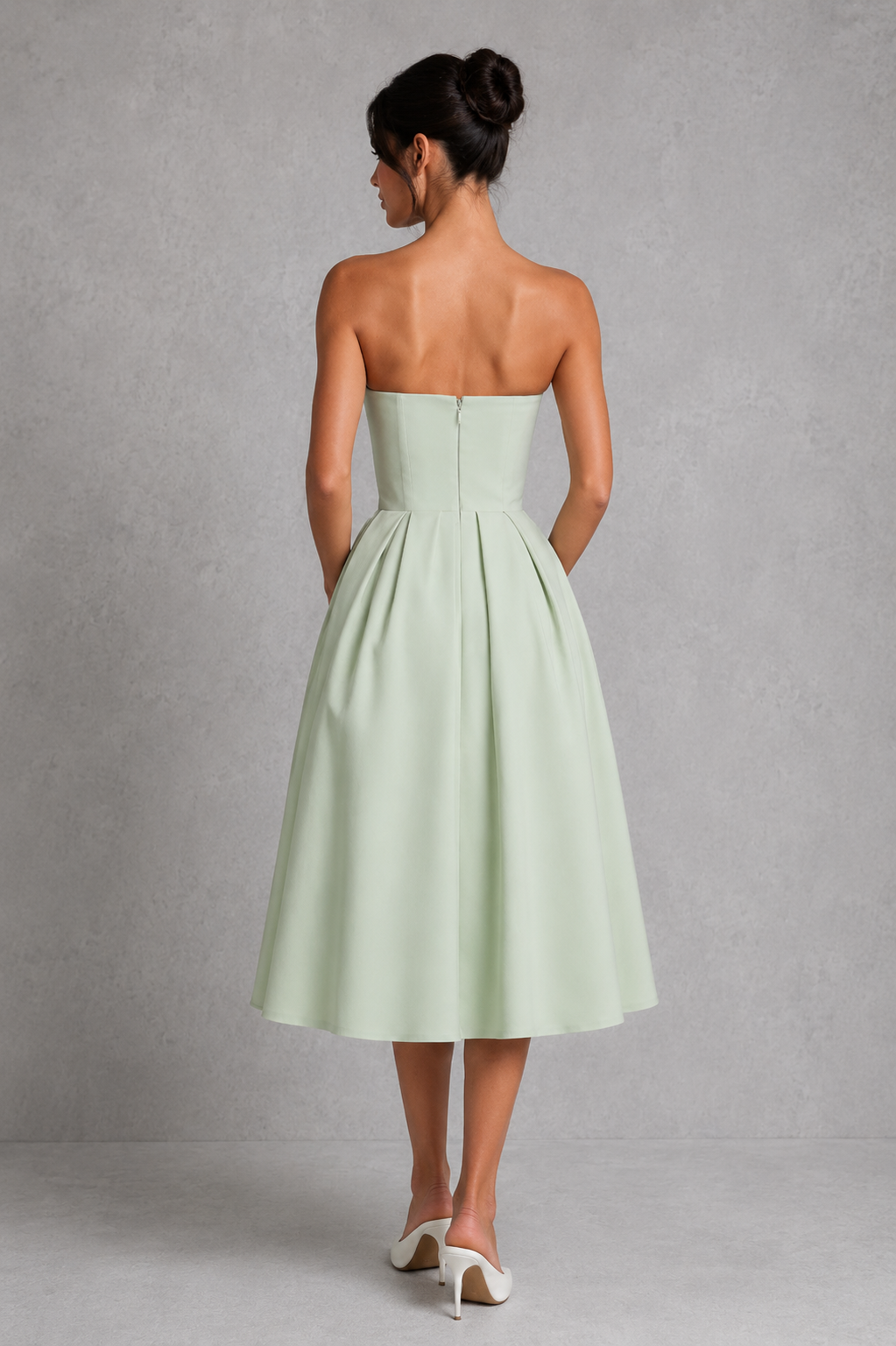 Women's strapless fit and flare midi dress in stretch bengaline fabric featuring a structured boned bodice, full pleated midi skirt, and elegant silhouette, ideal for parties, weddings, formal occasions, and special events.