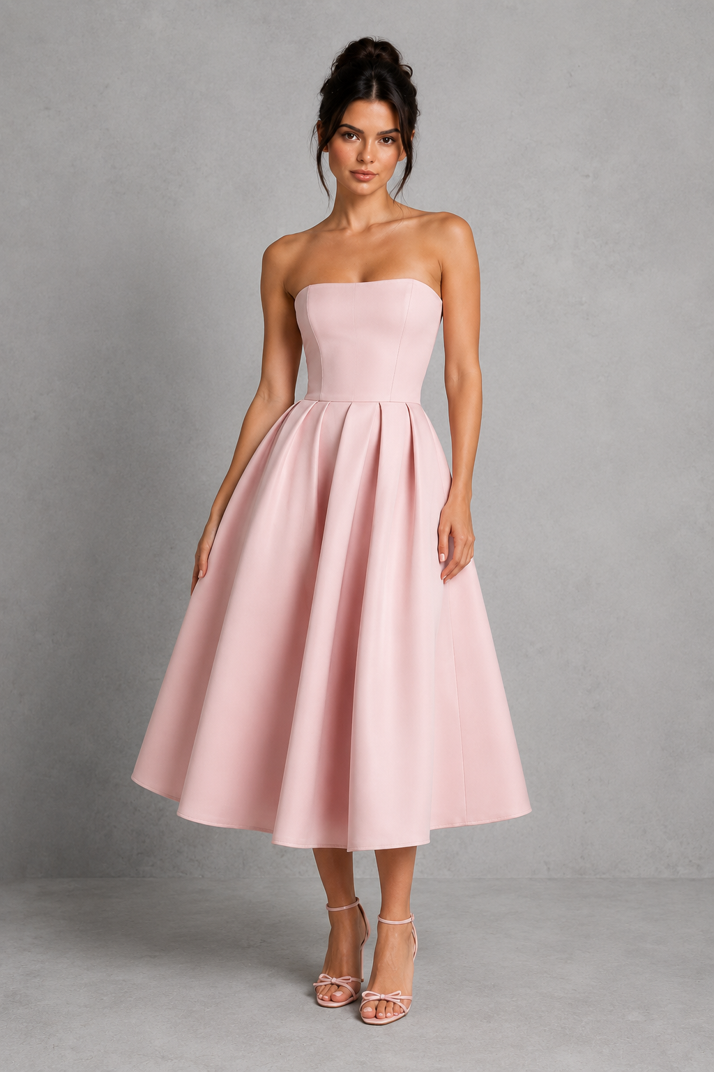 Women's strapless fit and flare midi dress in stretch bengaline fabric featuring a structured boned bodice, full pleated midi skirt, and elegant silhouette, ideal for parties, weddings, formal occasions, and special events.