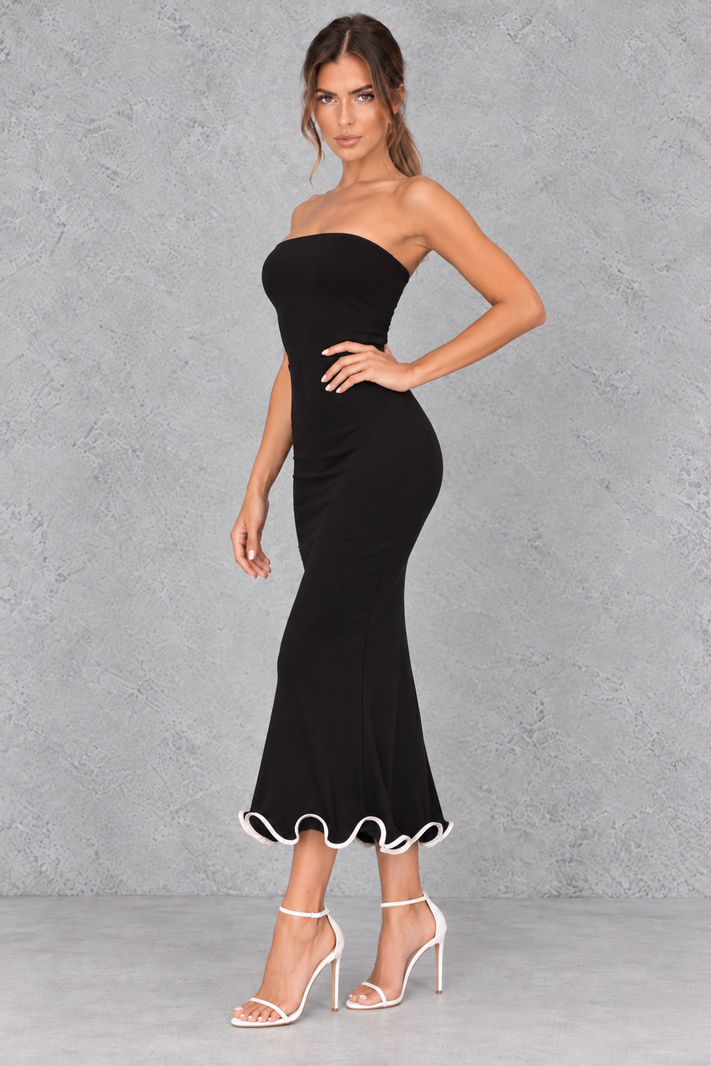 Women's Strapless Ruched Bodycon Midi Party Dress - Wedding Guest & Holiday
