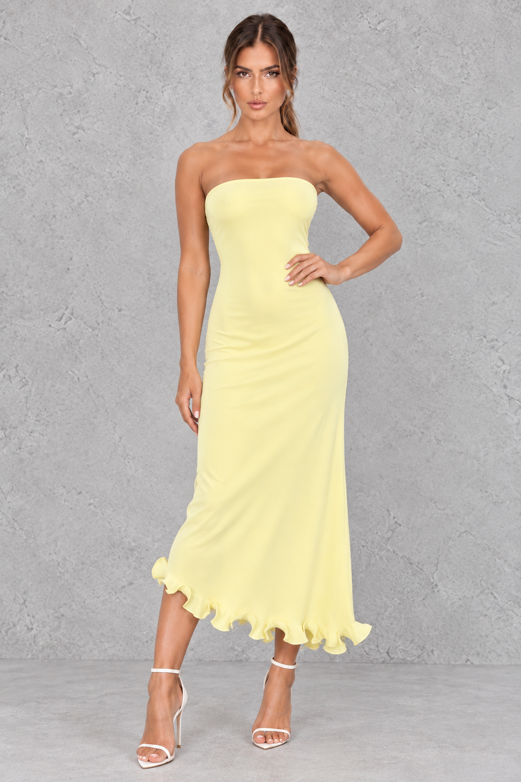 Women's Strapless Ruched Bodycon Midi Party Dress - Wedding Guest & Holiday