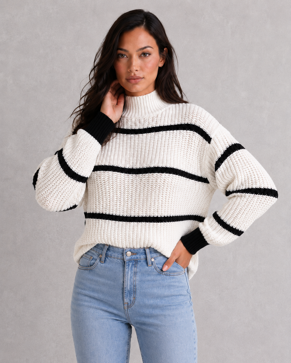 Women's striped knit turtleneck sweater with relaxed fit, lantern sleeves, and mock neck in a timeless autumn-winter design.
