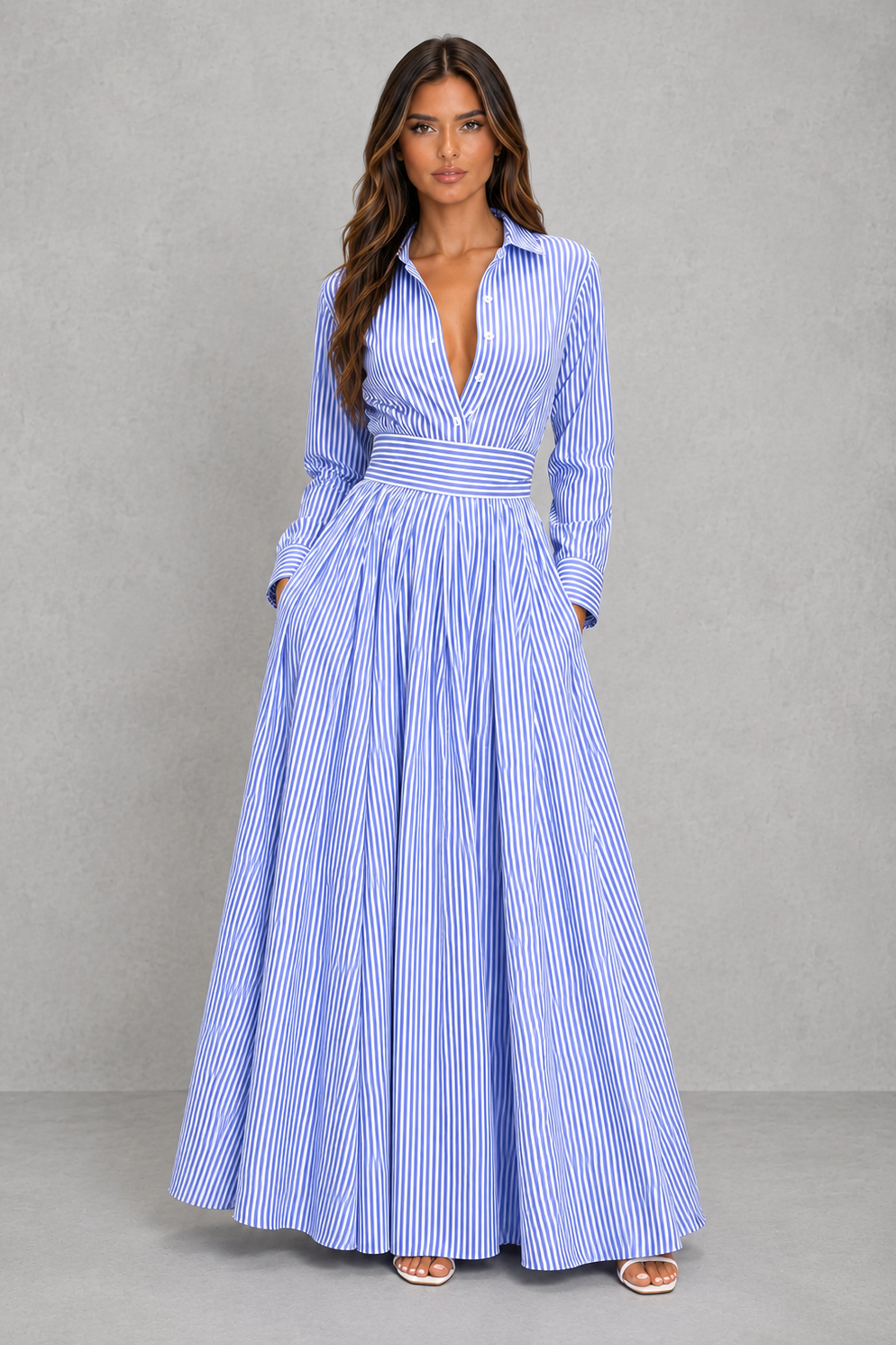 Women's blue and white striped shirt maxi dress with a collared neckline, button-front design, cinched waist, and flowing A-line skirt for casual summer wear.