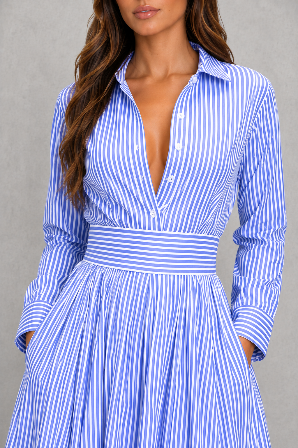 Women's blue and white striped shirt maxi dress with a collared neckline, button-front design, cinched waist, and flowing A-line skirt for casual summer wear.