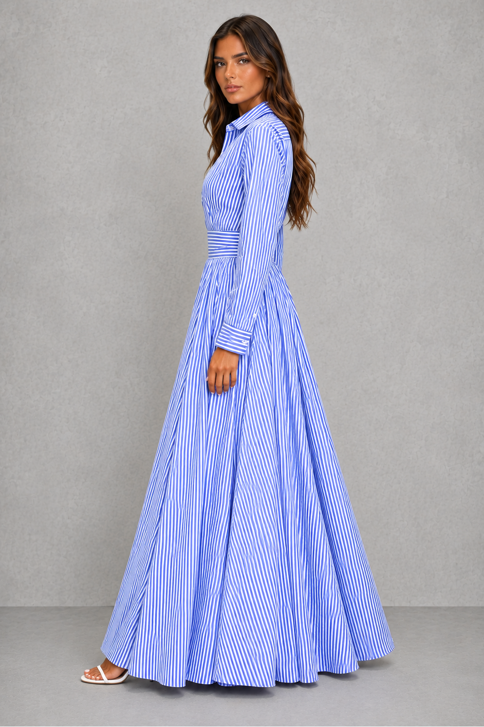 Women's blue and white striped shirt maxi dress with a collared neckline, button-front design, cinched waist, and flowing A-line skirt for casual summer wear.