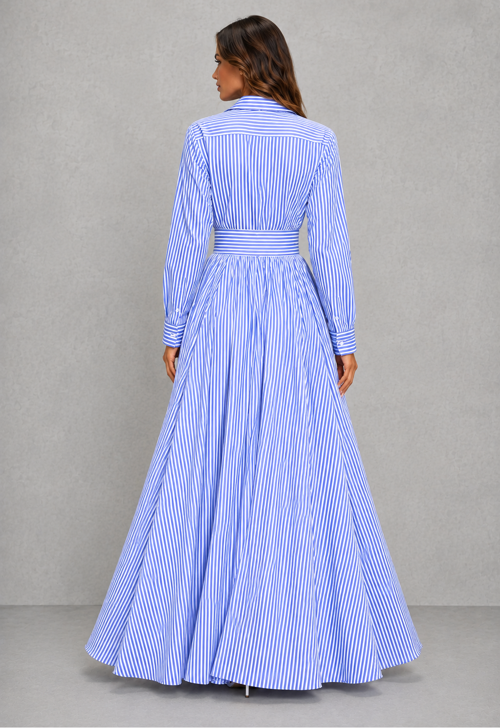 Women's blue and white striped shirt maxi dress with a collared neckline, button-front design, cinched waist, and flowing A-line skirt for casual summer wear.