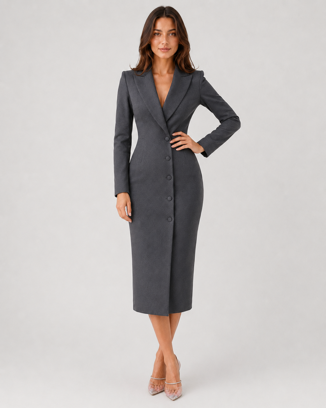 Shop the Women's Structured Lapel Knee-Length Dress featuring a tailored fit, structured lapel neckline, and elegant button details. Perfect for office, formal events, and evening occasions.