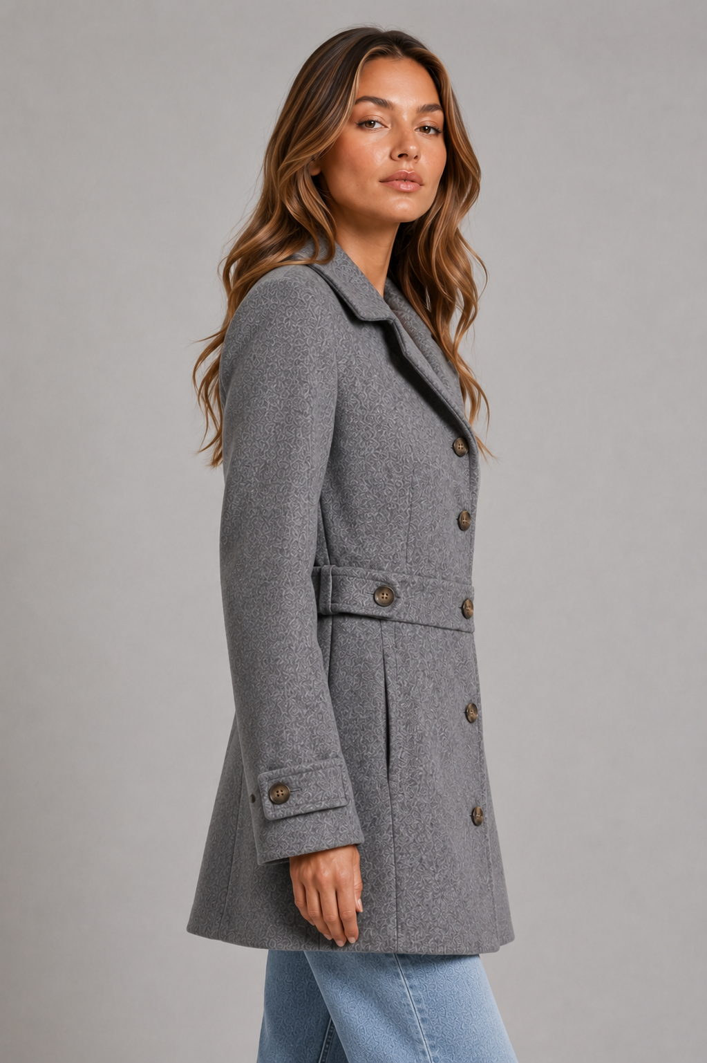 Women’s tailored longline coat with classic collar, button-front closure, waist-defining seams, decorative button tabs, and adjustable cuffs.