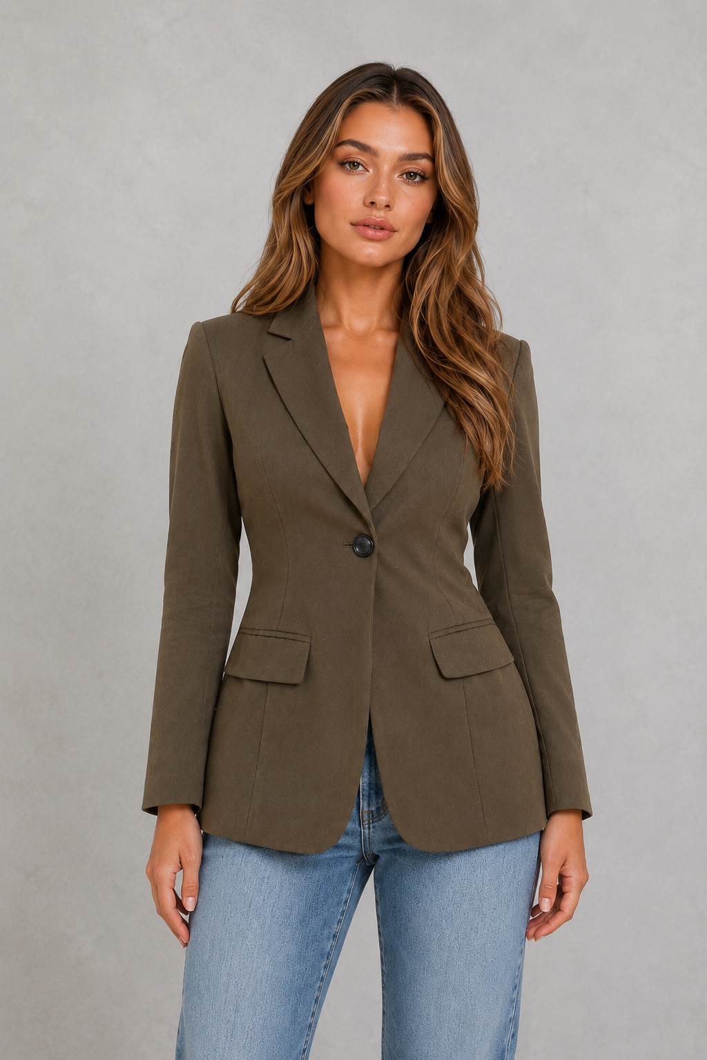 Women’s tailored single-breasted blazer with classic notched lapels, one-button front closure, waist-defining fit, and front flap pockets.