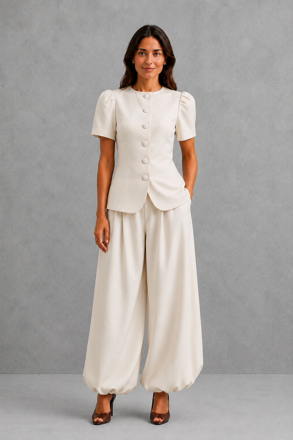 Women’s tailored two-piece set with an elegant fitted top and matching ankle-length balloon leg pants in a relaxed, polished silhouette.