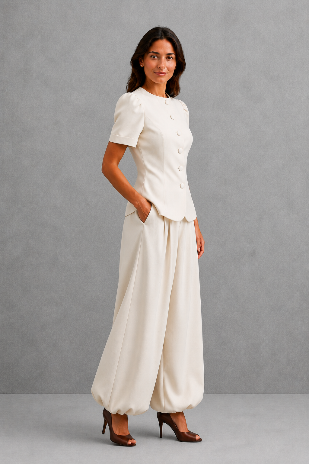 Women’s tailored two-piece set with an elegant fitted top and matching ankle-length balloon leg pants in a relaxed, polished silhouette.