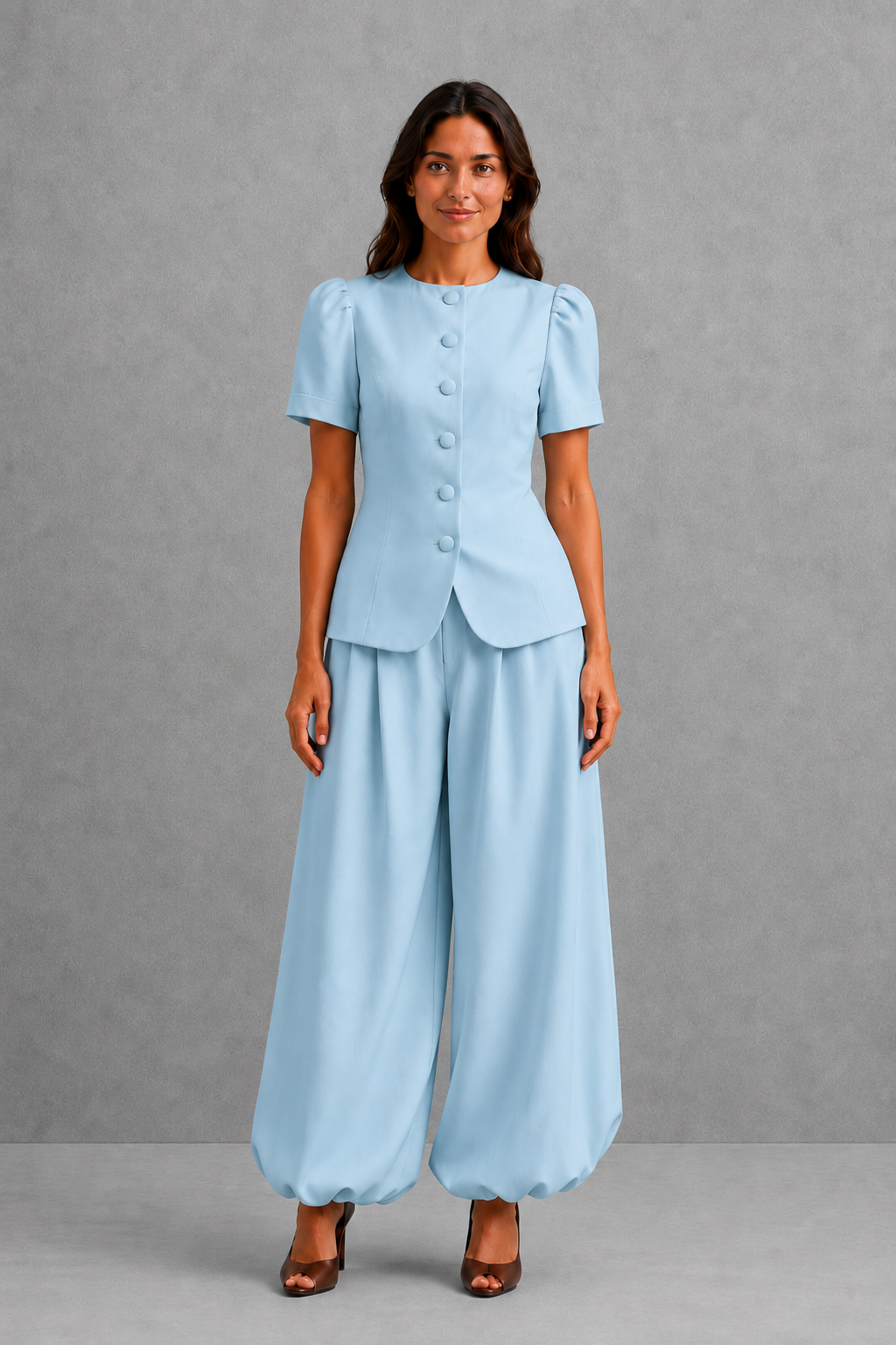Women’s tailored two-piece set with an elegant fitted top and matching ankle-length balloon leg pants in a relaxed, polished silhouette.