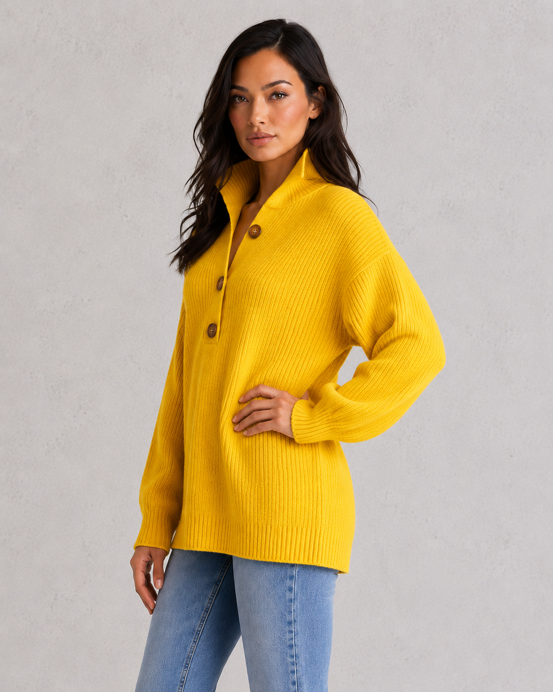Women's loose-fit solid color sweater with lapel collar, three-button front detail, dropped shoulder long sleeves, and relaxed autumn winter styling.